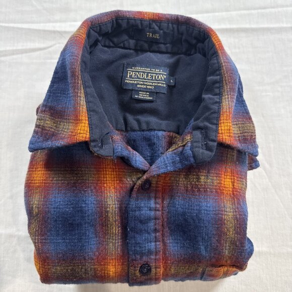 Mens Pendleton Blue Orange Shadow Plaid Trail Shirt Elbow Patch Pad Size Large - Picture 16 of 16